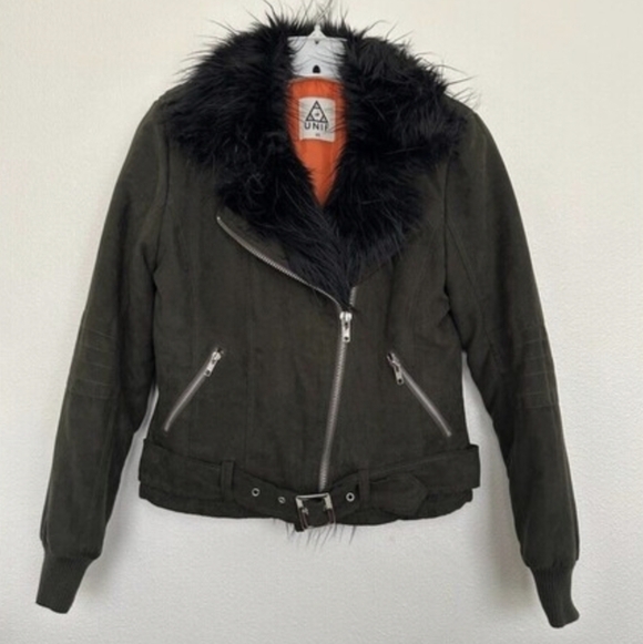 UNIF Jackets & Blazers - UNIF Berlin Fur Trim Amelia Bomber Jacket Suede Green Zip Orange Lined XS
